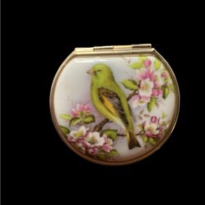 Vintage Italian Porcelain Yellow Finch Floral 1.5” Pill Box Gold Toned Metal